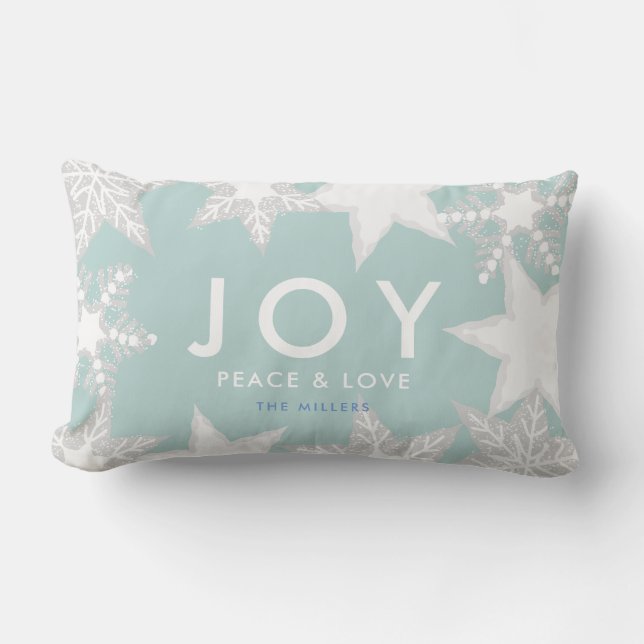JOY Frosted Snowflakes Light Blue Christmas Lumbar Cushion (Front)