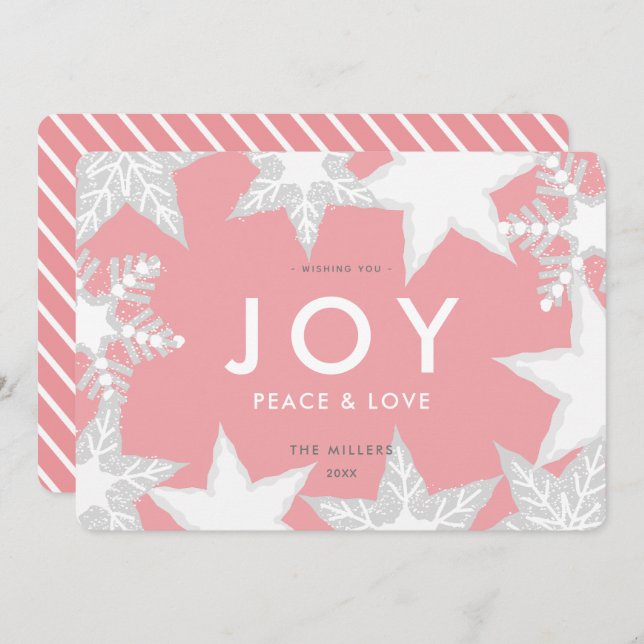 JOY Frosted Snowflakes Pink Christmas Card (Front/Back)