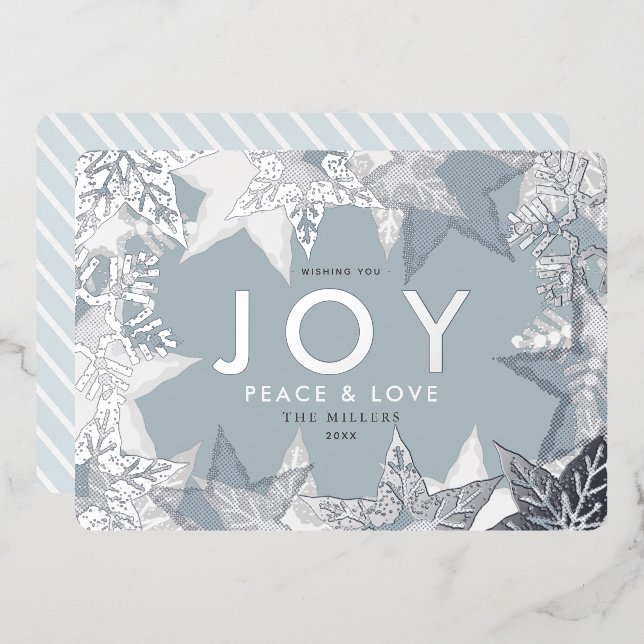 JOY Frosted Snowflakes Silver Foil Holiday Card (Front/Back)