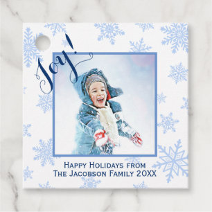 Joy! Fun Blue Snowflakes Christmas Photo Frame Favour Tags