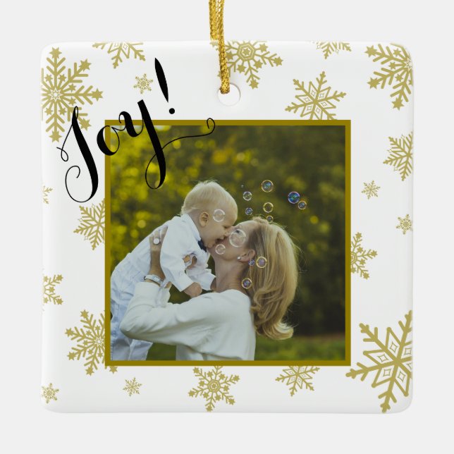 Joy! Fun Gold & white Snowflakes Christmas Photo Ceramic Ornament (Front)