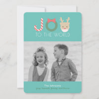 JOY Funny Reindeer Mask Blue Christmas Photo Card