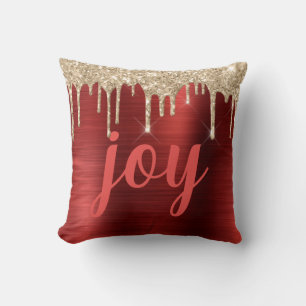 Joy Glitter Dripping Red Blushed Metal Script Cushion
