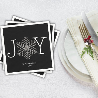 Joy Glittery Snowflake Family Name and Year Napkin