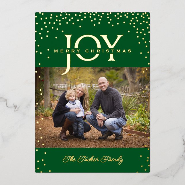 JOY Gold Confetti on Green Merry Christmas Photo (Front)