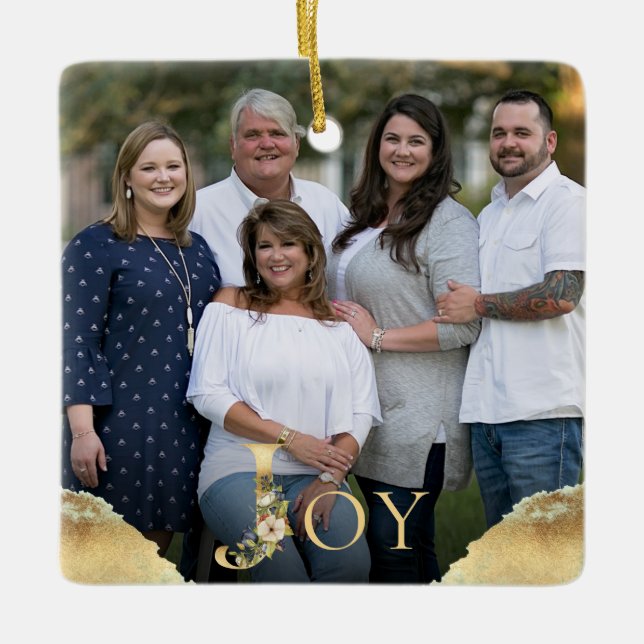 Joy Gold Foil 2 Sided Family Photo Christmas Ceramic Ornament (Front)