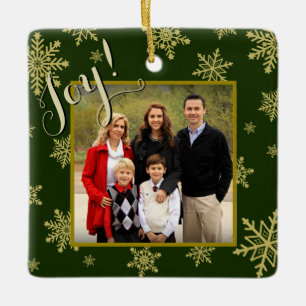 Joy! Gold Snowflakes Hunter Green Holiday Photo Ceramic Ornament