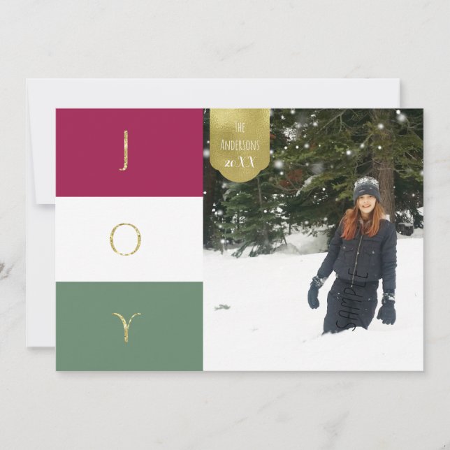JOY Gold Sparkle Colour block Holiday Photo Card (Front)