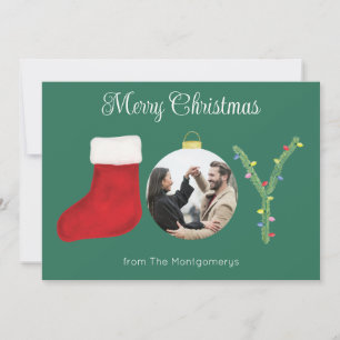 JOY Green and White Modern Typography Christmas Holiday Card