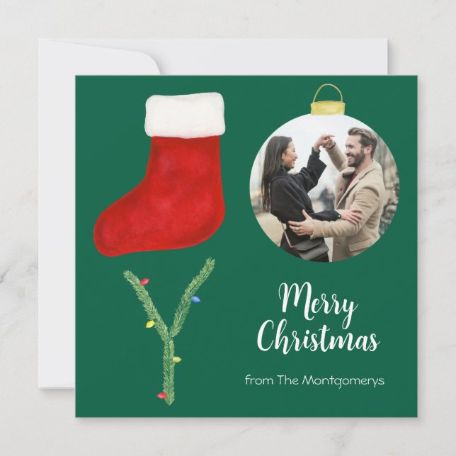 JOY Green and White Typography Christmas Holiday Card (Front)