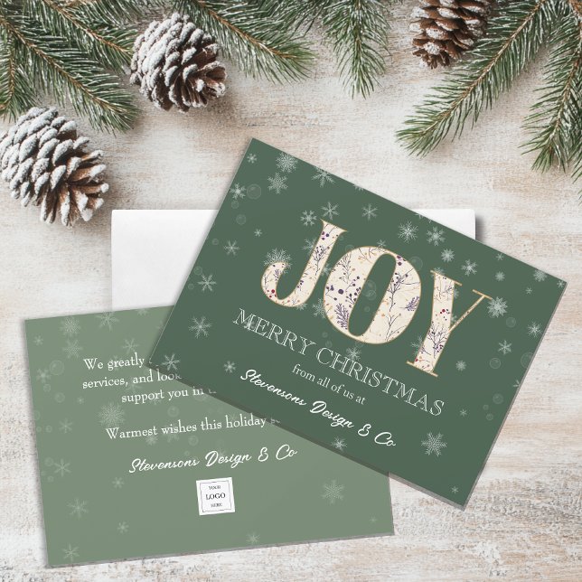 Joy Green Business Holiday Card with Logo (Creator Uploaded)