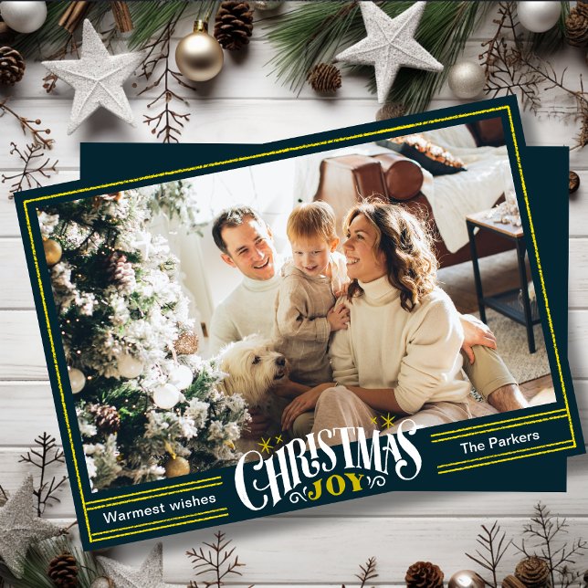 JOY Green Gold Script Minimalist Photo Christmas Holiday Card (Creator Uploaded)