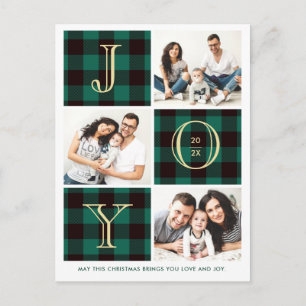 JOY Green Plaid Photo Collage Christmas Holiday Postcard