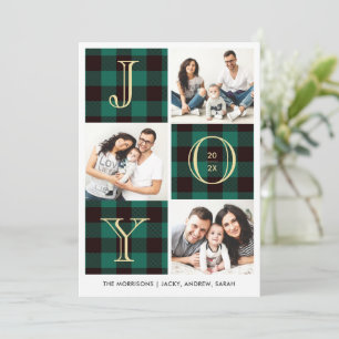 JOY Green Plaid Photo Collage Holiday Card