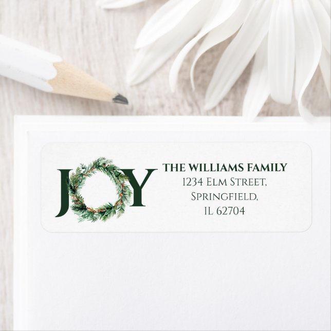 Joy Greenery Christmas Wreath Return Address (Insitu)
