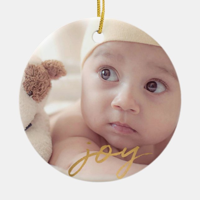 Joy Hand Lettered Gold 2 sided Photo Holiday Ceramic Tree Decoration (Front)
