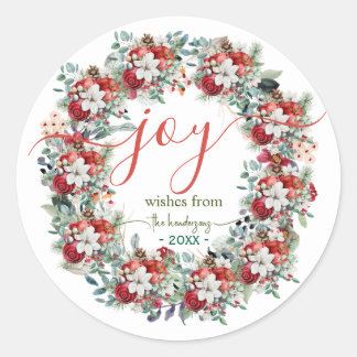 Joy Handwritten Script Christmas Wreath Name Red Classic Round Sticker