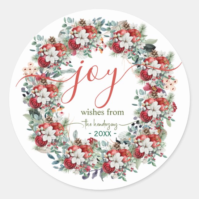 Joy Handwritten Script Christmas Wreath Name Red Classic Round Sticker (Front)