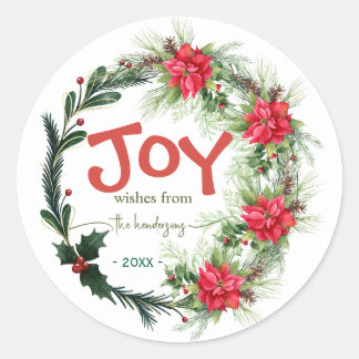 Joy Handwritten Script Name Christmas Wreath  Red  Classic Round Sticker