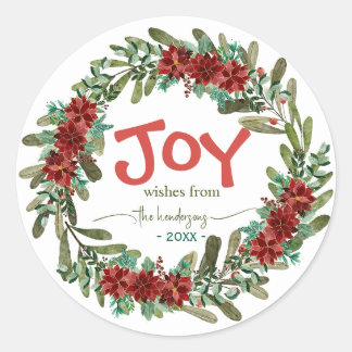Joy Handwritten Script Name Red Christmas Wreath  Classic Round Sticker