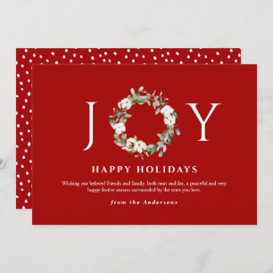 Joy Happy Holidays Watercolor Wreath Red & White Holiday Card