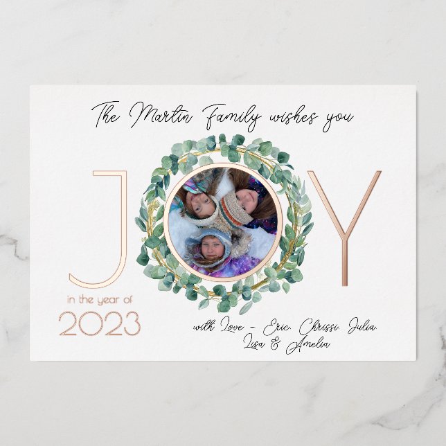 JOY Holiday Card Foil w/ Photo & Eucalyptus Wreath (Front)