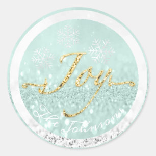 Joy Holidays Name Snowflakes Blue Gold Mint Grey Classic Round Sticker