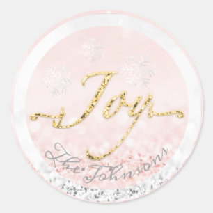 Joy Holidays Name Snowflakes Pink Gold Glitter Classic Round Sticker