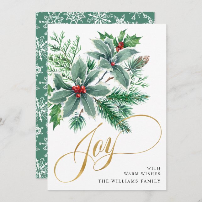 JOY Holly Berry Branch Christmas Greeting Holiday Card (Front/Back)