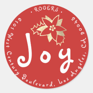 Joy Holly Berry Holiday Return Address Red White Classic Round Sticker