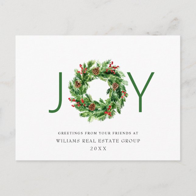 JOY Holly Berry Pine Christmas Wreath Corporate Postcard (Front)