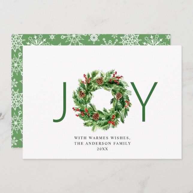 JOY Holly Berry Pine Cones Christmas Wreath Holiday Card (Front/Back)