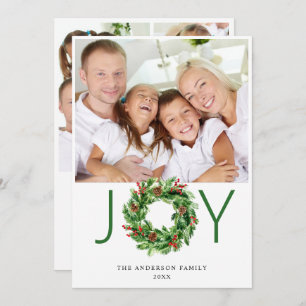 Joy Holly Berry Pine Wreath 4 PHOTO Greeting Holiday Card