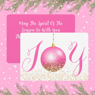Joy In Hot Pink and Gold Look Glitter Christmas Holiday Card