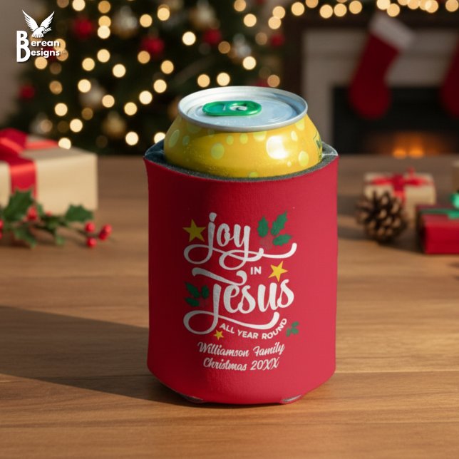 JOY IN JESUS Christian Christmas Custom Name  Can Cooler (Festive JOY IN JESUS Christian Christmas can cooler with customizable text. Gift for Christians.)