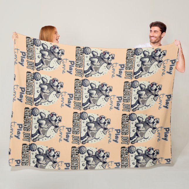 Joy in Motion: Grey Dog and Ball Playtime Fleece Blanket (In Situ)