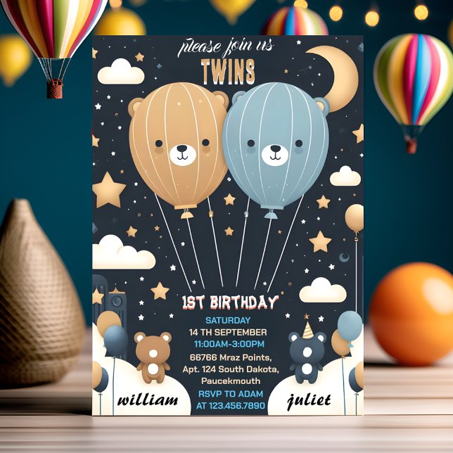 Joy joint bear Hot Air Balloon Twins 1st Birthday Invitation (Creator Uploaded)