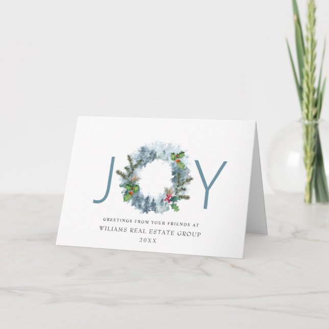JOY Landscape Wreath Christmas Holly Berry  Holiday Card (Front)