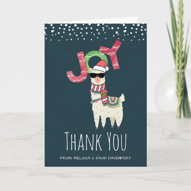 Joy - Llama wearing a Santa Hat Christmas Thanks Card (Front)