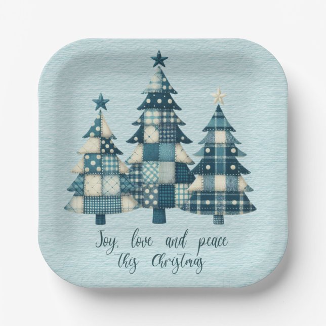Joy, Love and Peace Blue Chequered Christmas Trees Paper Plate (Front)