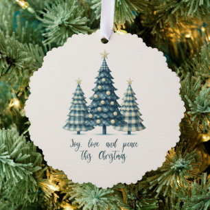 Joy, Love and Peace Blue Chequered Christmas Trees Tree Decoration Card