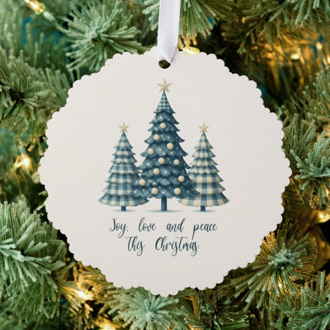 Joy, Love and Peace Blue Chequered Christmas Trees Tree Decoration Card (Insitu (Tree))