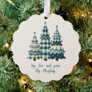 Joy, Love and Peace Blue Chequered Christmas Trees Tree Decoration Card