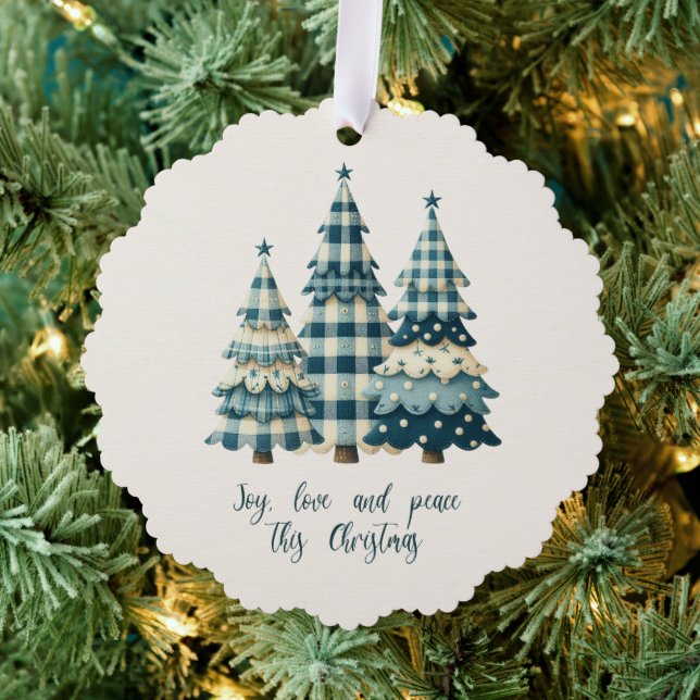 Joy, Love and Peace Blue Chequered Christmas Trees Tree Decoration Card (Insitu (Tree))