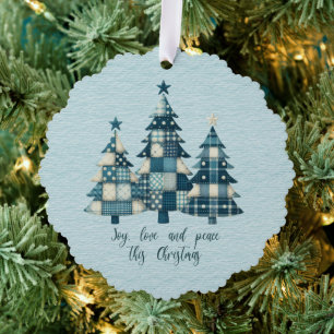 Joy, Love and Peace Blue Chequered Christmas Trees Tree Decoration Card