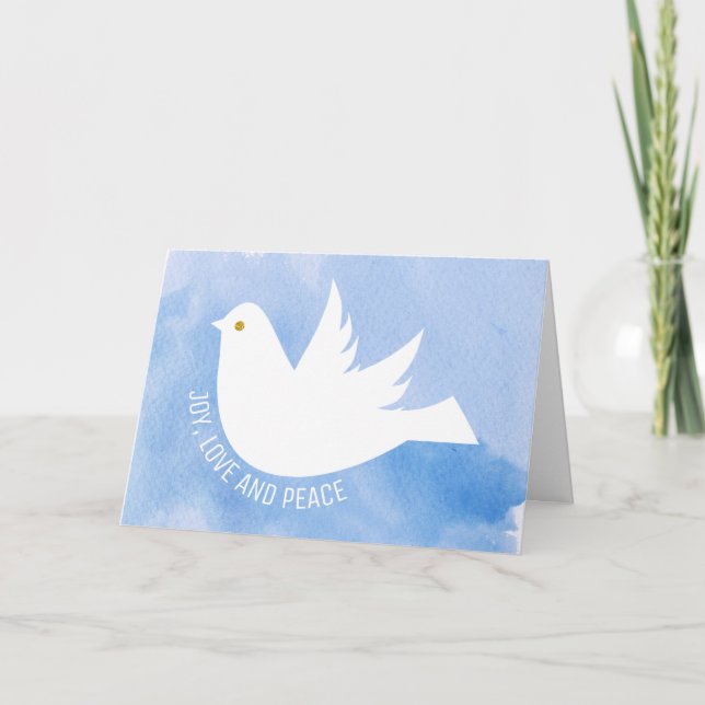 Joy, Love and Peace dove watercolor blue Holiday Card (Front)