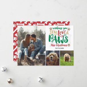 Joy Love Paws Christmas Dog Red Green 3-Photo Holiday Card
