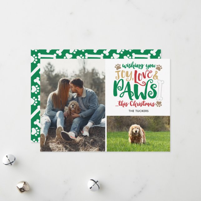 Joy Love Paws Christmas Red Green 2-Photo Dog Holiday Card (Front/Back In Situ)