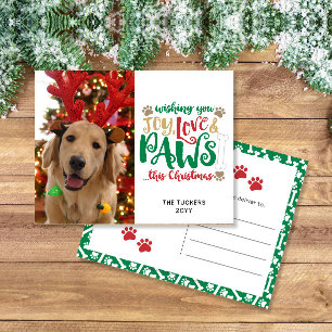 Joy Love Paws Dog Christmas Red Green Photo Postcard