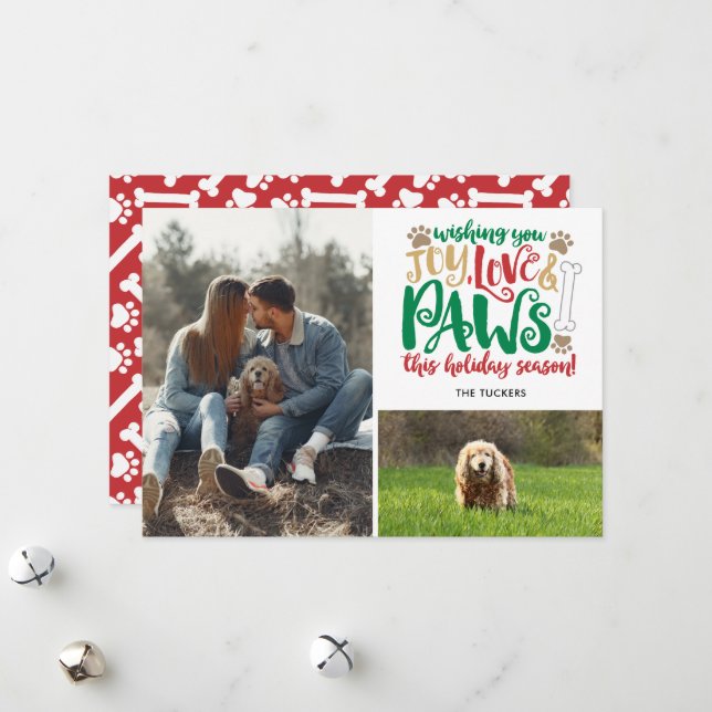 Joy Love Paws Dog Happy Holidays Red Green 2-Photo Holiday Card (Front/Back In Situ)